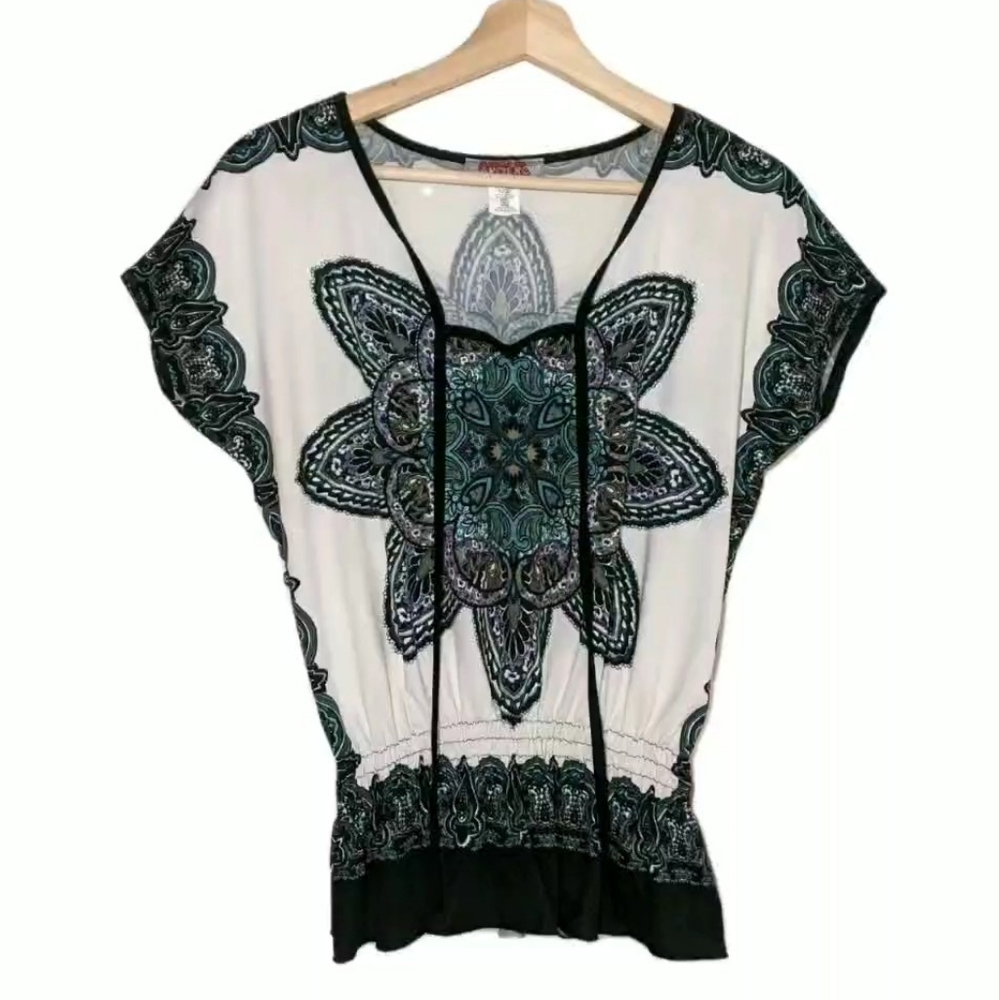 Y2K Smocked Waist Black White Graphic Fairy Whimsy Small